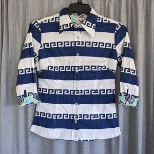 Tizzie Button Down Top Womens S Blue White Geometric Print 3/4 Sleeve Vacation